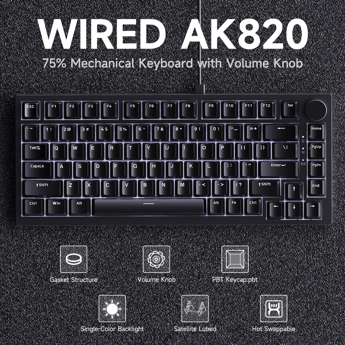 AJAZZ AK820 Mechanical Keyboard, 75% Hot Swappable Wired Keyboard with Volume Control Knob, QWERTY Layout, PBT Keycaps, Five-Layer Sound Insulation Pad, 82-Key Gaming Keyboard, Grey White