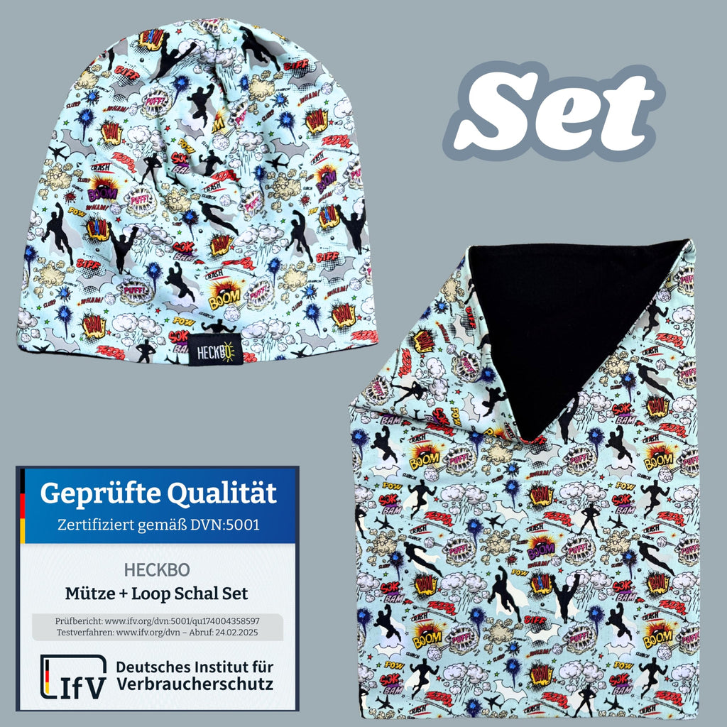 HECKBO 360° Reflektor Kinder Mütze & Loop Schal Set - 95% Baumwolle - weiches & pflegeleichtes Stretch-Material - Beanie Frühling Herbst Winter (48-54 cm)