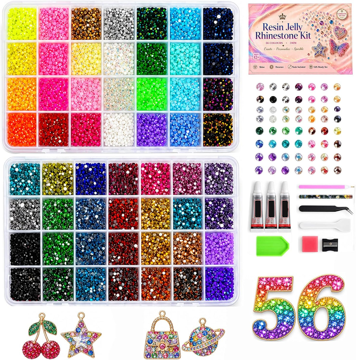 56 Farben Bedazzler Kit, 45.000 Stück 3mm Harz Strasssteine Set