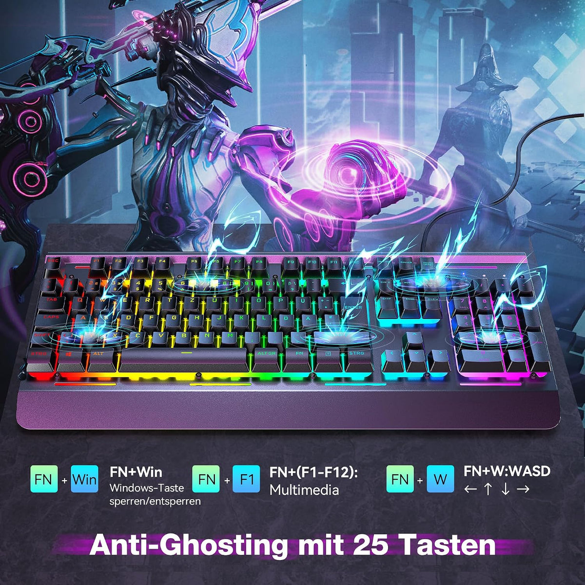 TECKNET Gaming Tastatur 105 Tasten Membrantastatur mit Vollmetall-Gehäuse