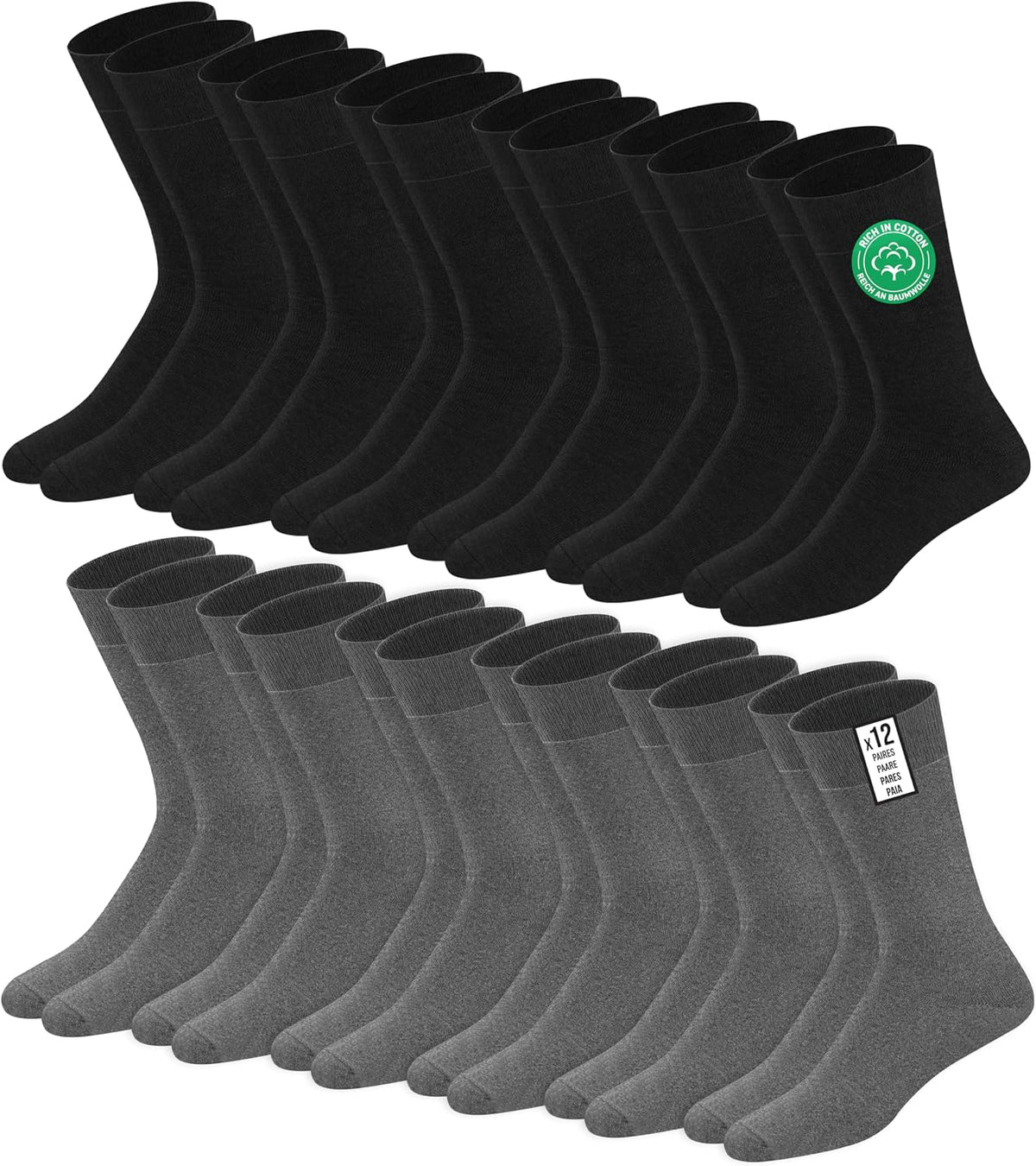 SOXCO Lot de 12 paires de chaussettes homme | Chaussettes habillées mi-mollet riches en coton | Tissu respirant idéales pour le travail et le quotidien | Noir, Blanc, Gris, Bleu Marine