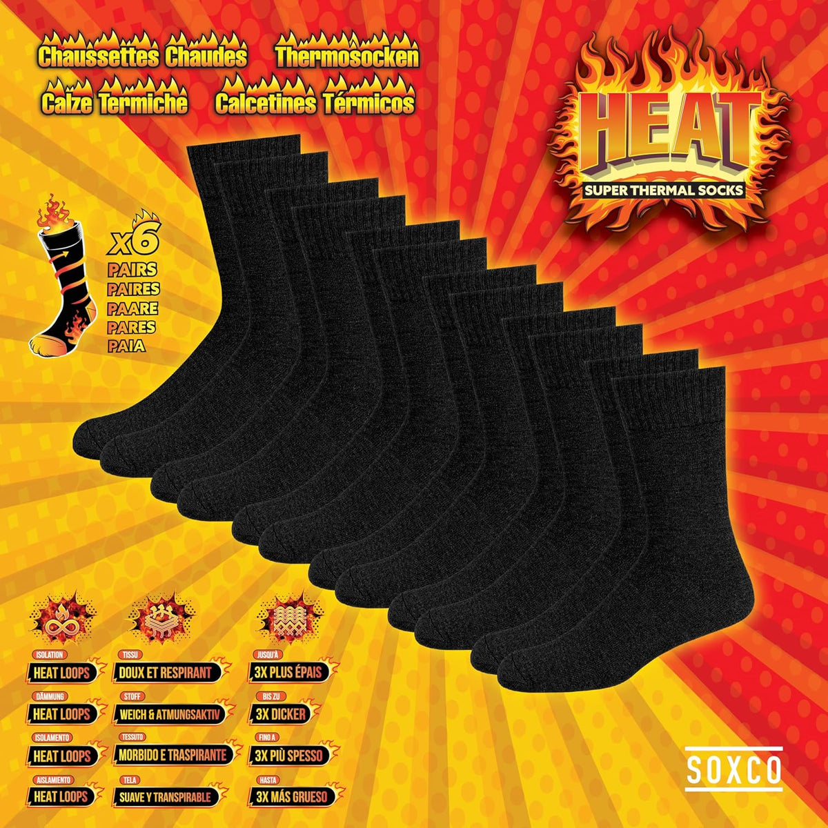 SOXCO Chaussettes Chaudes pour Hommes et Femmes - Chaussettes d’Hiver Thermiques, Lot de 6 Paires