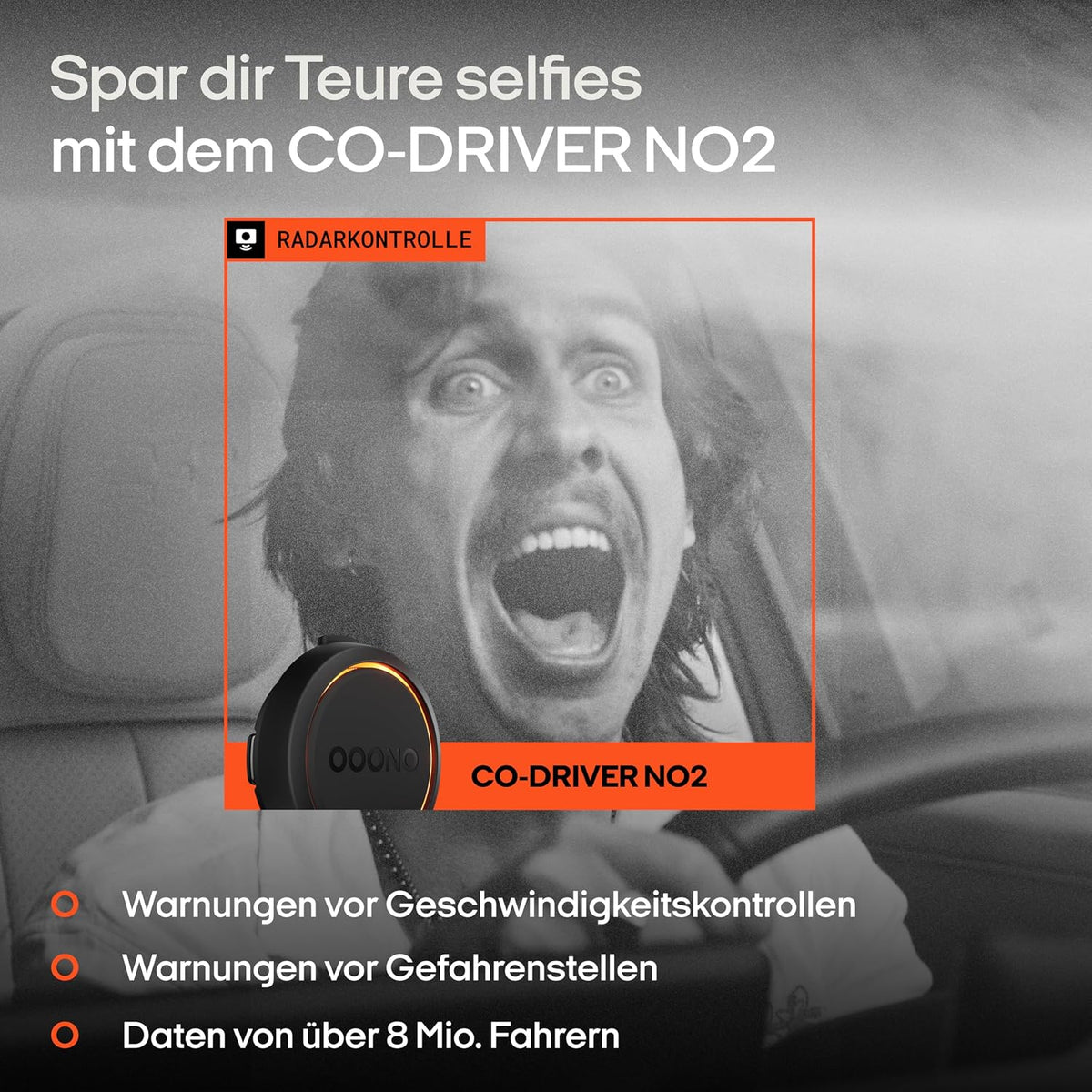 OOONO Co-Driver NO2 Schwarz- Optimierter Co-Driver fürs Auto - Warnt vor Tempo-Kontrollen und Gefahrenstellen – Wiederaufladbar – LED-Anzeige – CarPlay & Android Auto kompatibel