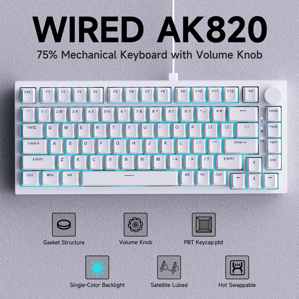 AJAZZ AK820 Mechanical Keyboard, 75% Hot Swappable Wired Keyboard with Volume Control Knob, QWERTY Layout, PBT Keycaps, Five-Layer Sound Insulation Pad, 82-Key Gaming Keyboard, Grey White