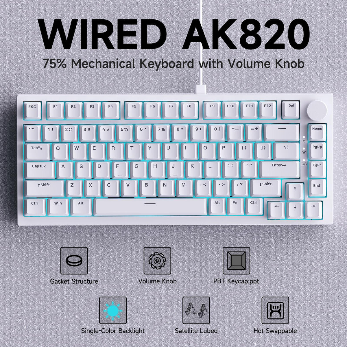 AJAZZ AK820 Mechanical Keyboard, 75% Hot Swappable Wired Keyboard with Volume Control Knob, QWERTY Layout, PBT Keycaps, Five-Layer Sound Insulation Pad, 82-Key Gaming Keyboard, Grey White