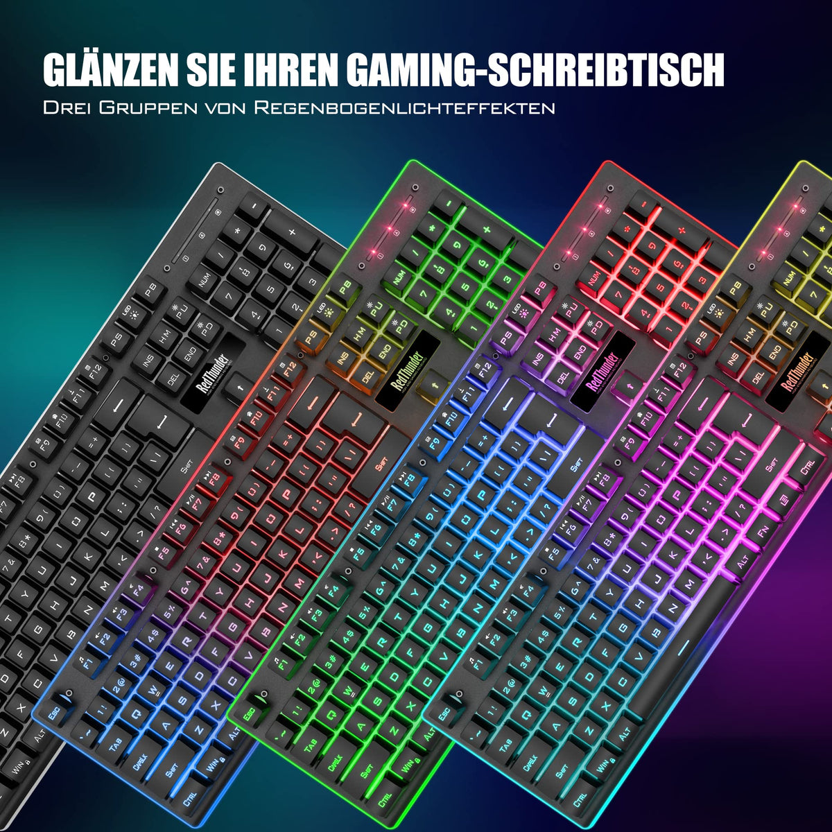 RedThunder K10 Kabelloses Gaming Tastatur und Maus Set, QWERTZ DE-Layout LED Hintergrundbeleuchtung, 3000mA Batteriekapazität und 3200 DPI für Gamer(Weiß)