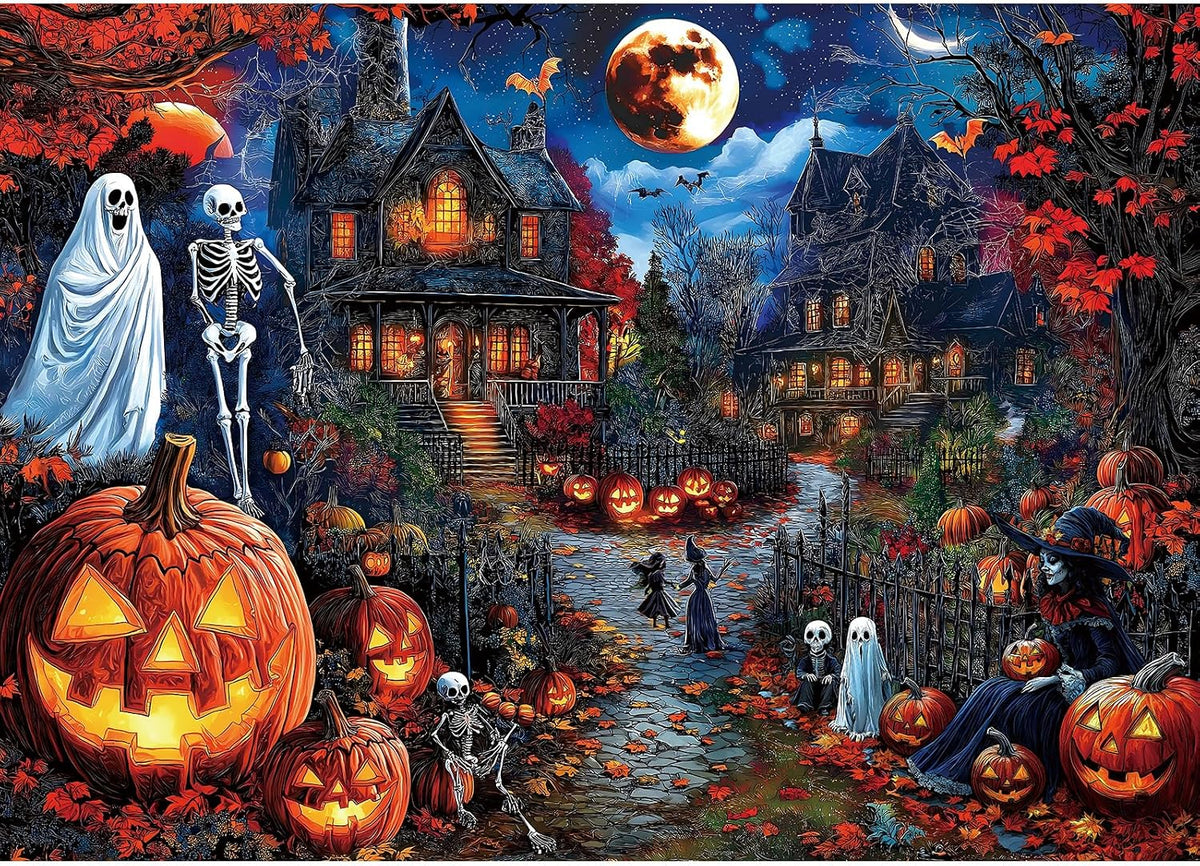 Blueforest Halloween 1000 Piece Jigsaw Puzzle for Adults - Spooky Ghosts, Skeletons, Pumpkins, Witch & Haunted House Puzzle, Challenging Fun Adult Puzzles for Relaxation, Decor & Gifts
