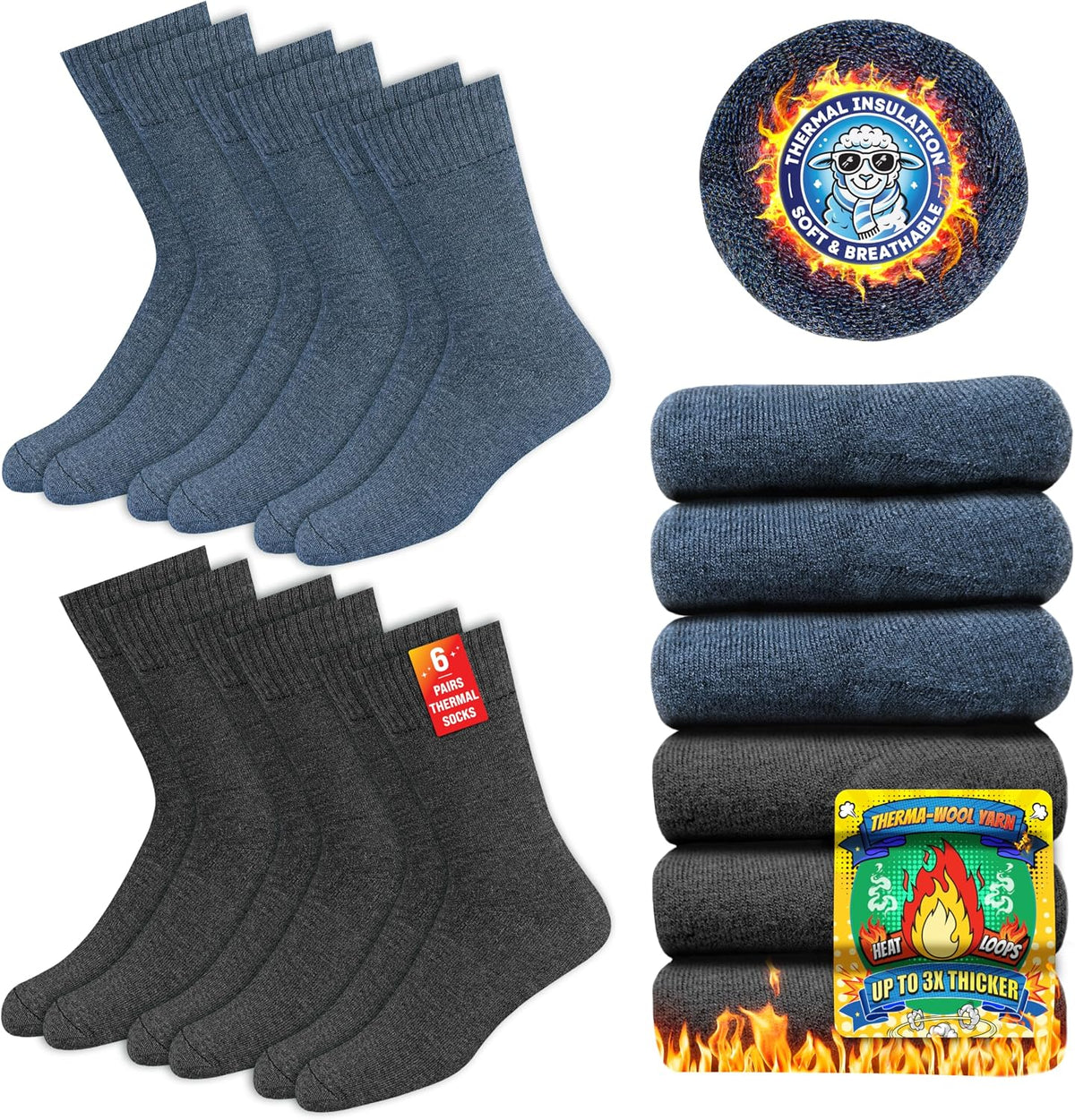 SOXCO Chaussettes Chaudes pour Hommes et Femmes - Chaussettes d’Hiver Thermiques, Lot de 6 Paires
