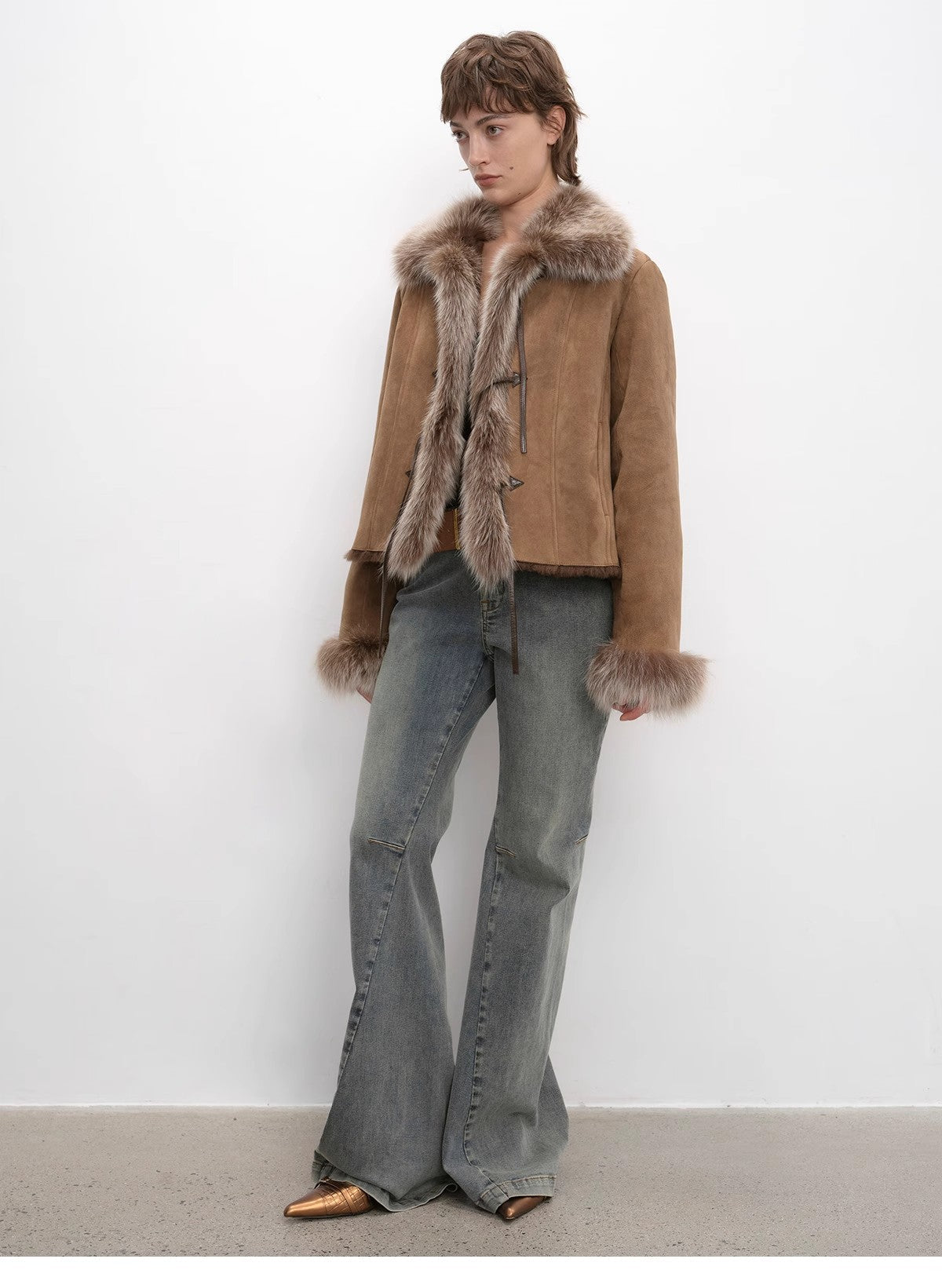 Fireladyfur Women's Shearling Coat - Imported Merino Wool Patchwork Fox Fur Collar Florence