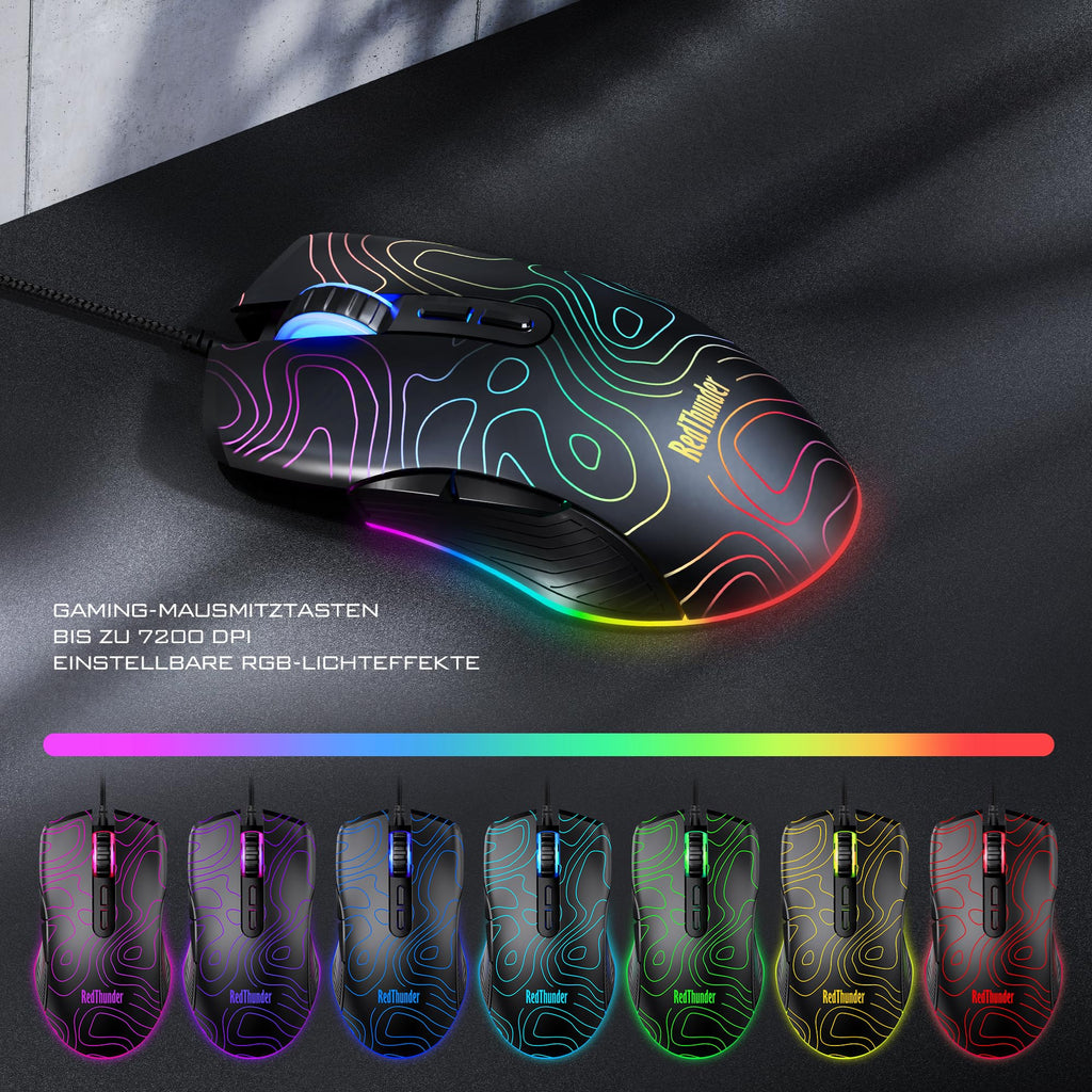 RedThunder K10 Gaming Tastatur und Maus Set, QWERTZ DE-Layout, Metallplatte und Handballenauflager，RGB-Hintergrundbeleuchtung - und 7D mit Ergonomische - für PC Mac Gamer(Weiß)