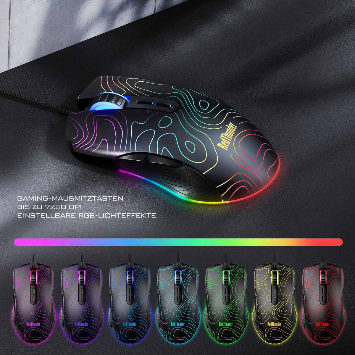 RedThunder K10 Gaming Tastatur und Maus Set, QWERTZ DE-Layout, Metallplatte und Handballenauflager，RGB-Hintergrundbeleuchtung - und 7D mit Ergonomische - für PC Mac Gamer(Weiß)