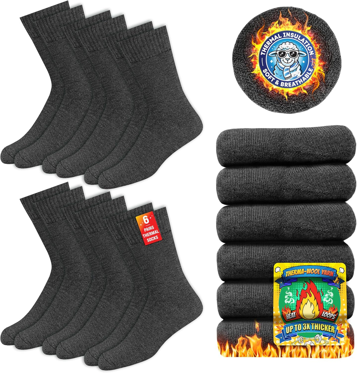 SOXCO Chaussettes Chaudes pour Hommes et Femmes - Chaussettes d’Hiver Thermiques, Lot de 6 Paires