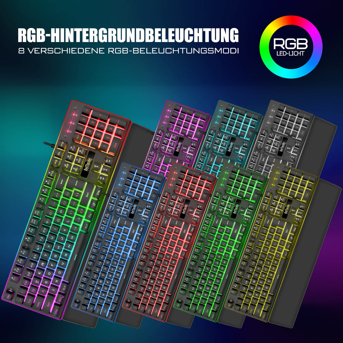 RedThunder K10 Gaming Tastatur und Maus Set, QWERTZ DE-Layout, Metallplatte und Handballenauflager，RGB-Hintergrundbeleuchtung - und 7D mit Ergonomische - für PC Mac Gamer(Weiß)