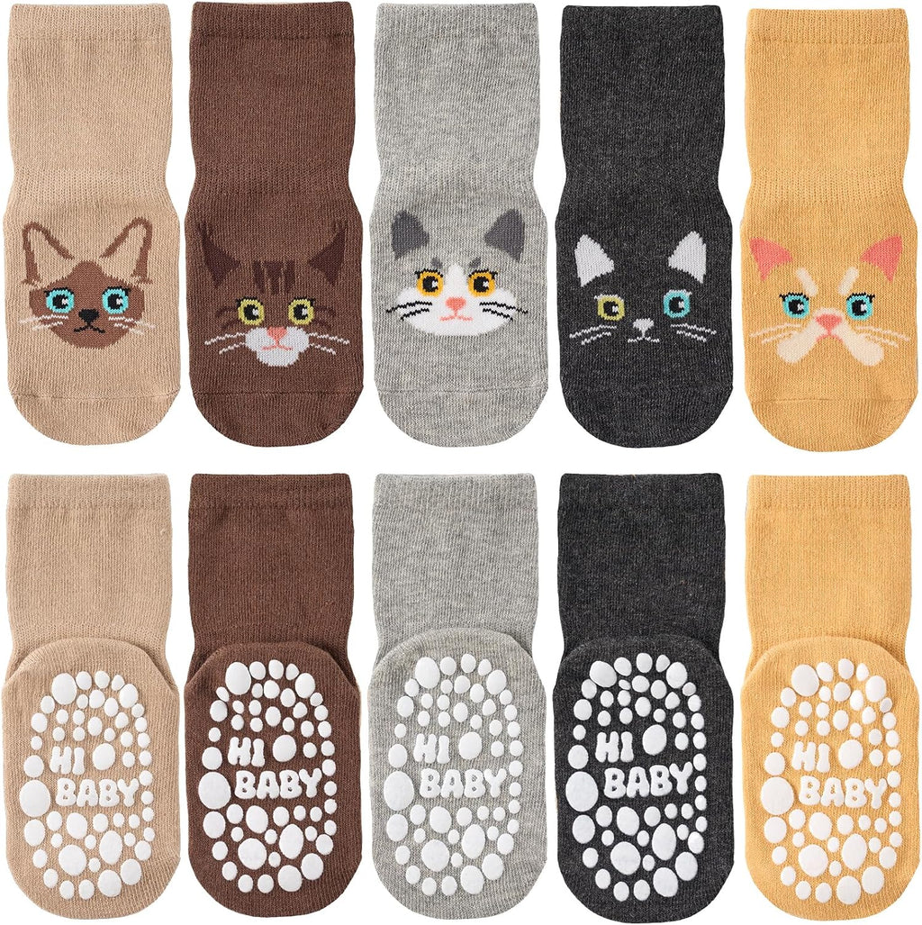 SockWaddles Chaussettes de bébé, 5 paires de chaussettes antidérapantes ABS respirantes pour enfants, chaussettes de bébé en coton, garçons et filles avec des animaux et des licornes