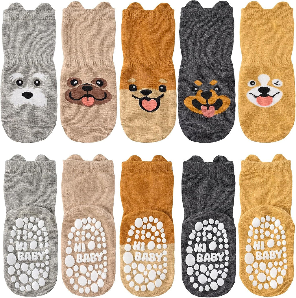 SockWaddles Chaussettes de bébé, 5 paires de chaussettes antidérapantes ABS respirantes pour enfants, chaussettes de bébé en coton, garçons et filles avec des animaux et des licornes