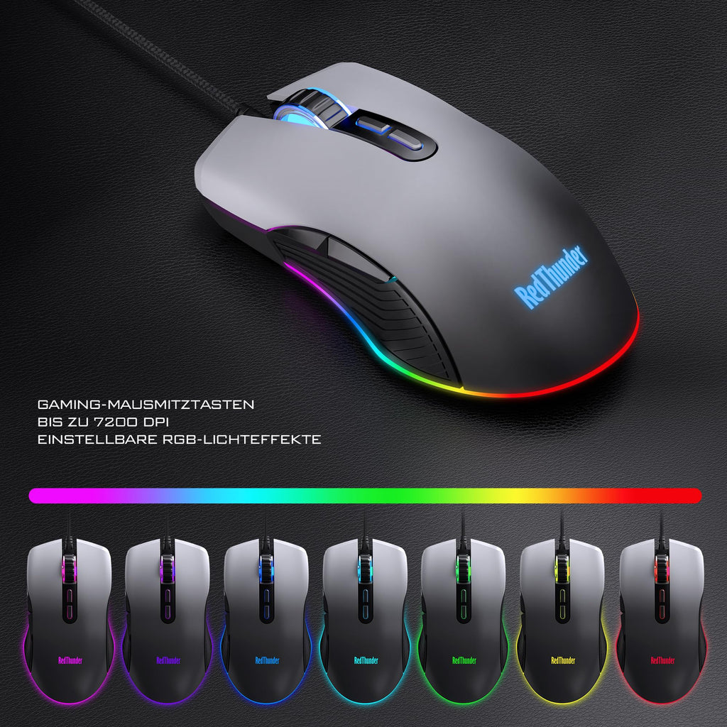 RedThunder K10 Gaming Tastatur und Maus Set, QWERTZ DE-Layout, Metallplatte und Handballenauflager，RGB-Hintergrundbeleuchtung - und 7D mit Ergonomische - für PC Mac Gamer(Weiß)