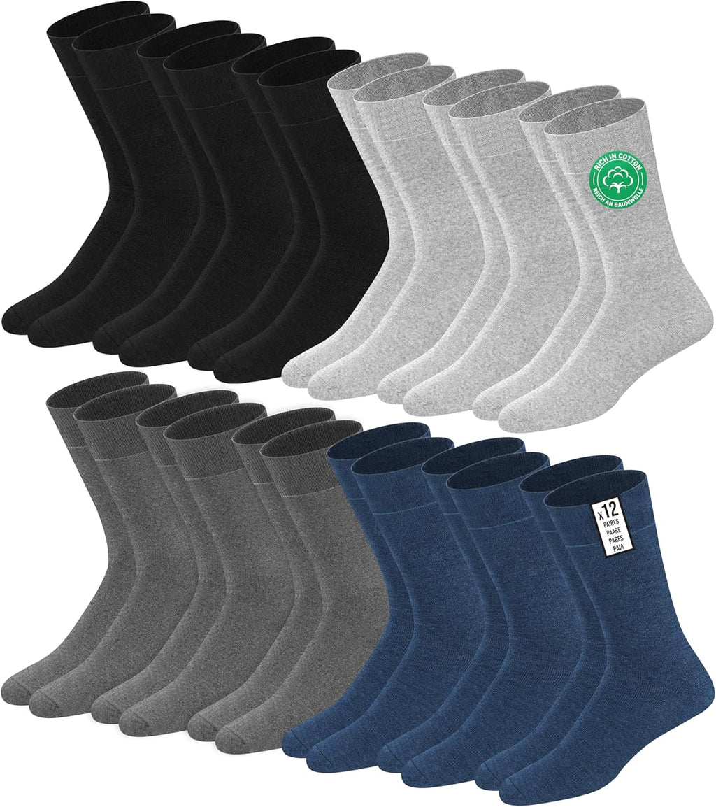 SOXCO Lot de 12 paires de chaussettes homme | Chaussettes habillées mi-mollet riches en coton | Tissu respirant idéales pour le travail et le quotidien | Noir, Blanc, Gris, Bleu Marine