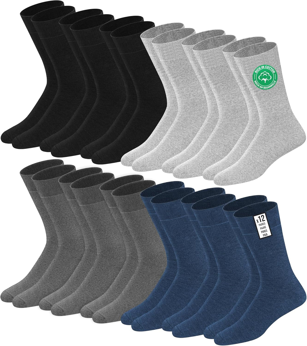 SOXCO Lot de 12 paires de chaussettes homme | Chaussettes habillées mi-mollet riches en coton | Tissu respirant idéales pour le travail et le quotidien | Noir, Blanc, Gris, Bleu Marine