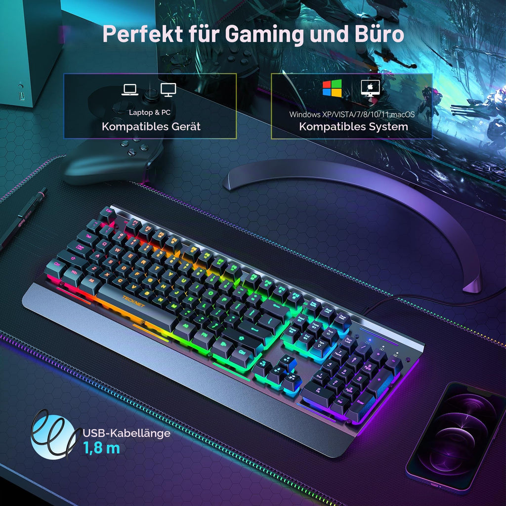 TECKNET Gaming Tastatur 105 Tasten Membrantastatur mit Vollmetall-Gehäuse
