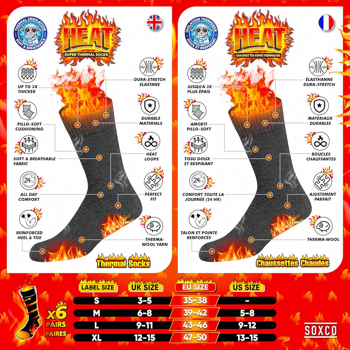 SOXCO Chaussettes Chaudes pour Hommes et Femmes - Chaussettes d’Hiver Thermiques, Lot de 6 Paires