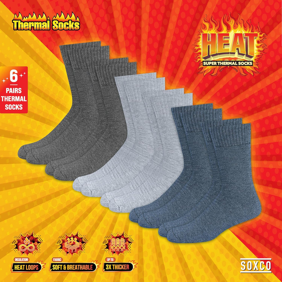 SOXCO Chaussettes Chaudes pour Hommes et Femmes - Chaussettes d’Hiver Thermiques, Lot de 6 Paires
