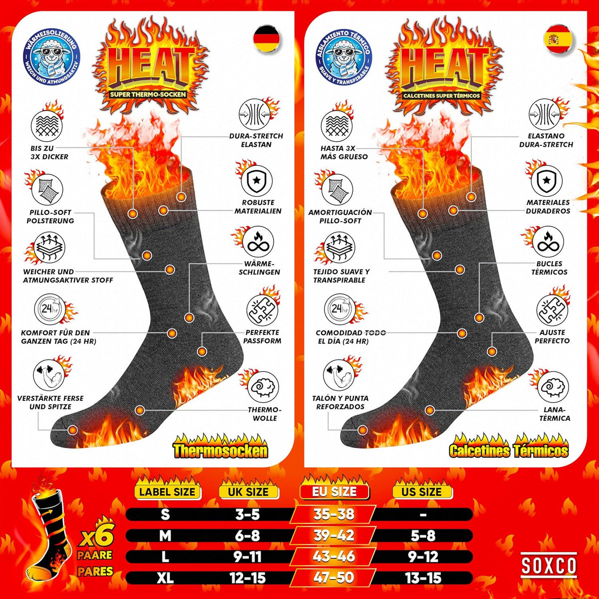 SOXCO Chaussettes Chaudes pour Hommes et Femmes - Chaussettes d’Hiver Thermiques, Lot de 6 Paires