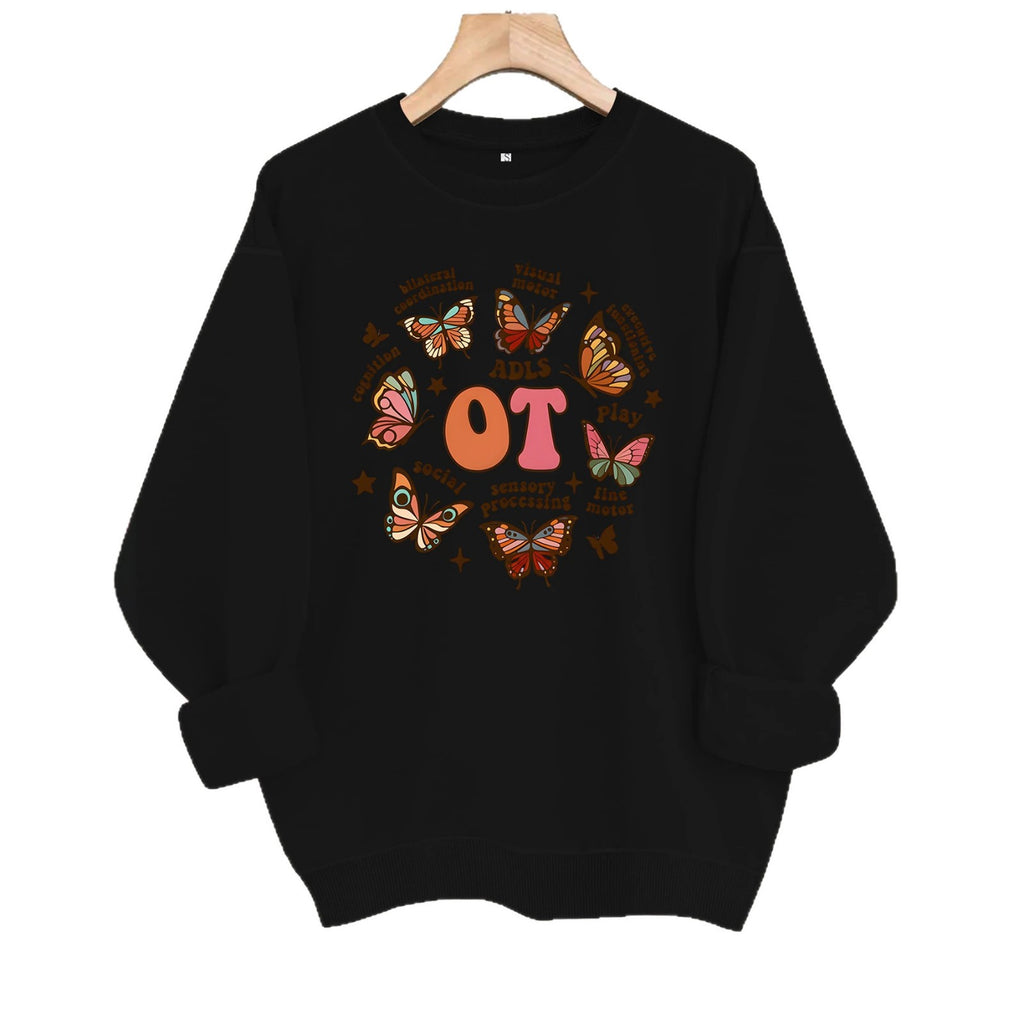 Sudadera de felpa con cuello redondo y estampado de mariposa