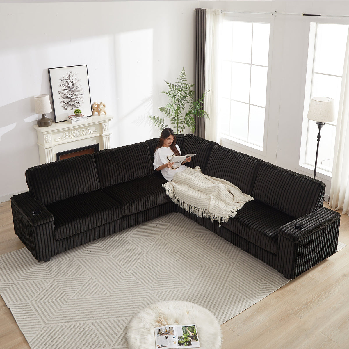 110-Inch Oversized Corduroy Corner Sofa,L Shaped Corner Couch With Two Storage Spaces,USB Port & T-Pyce Port and Cup-Hol