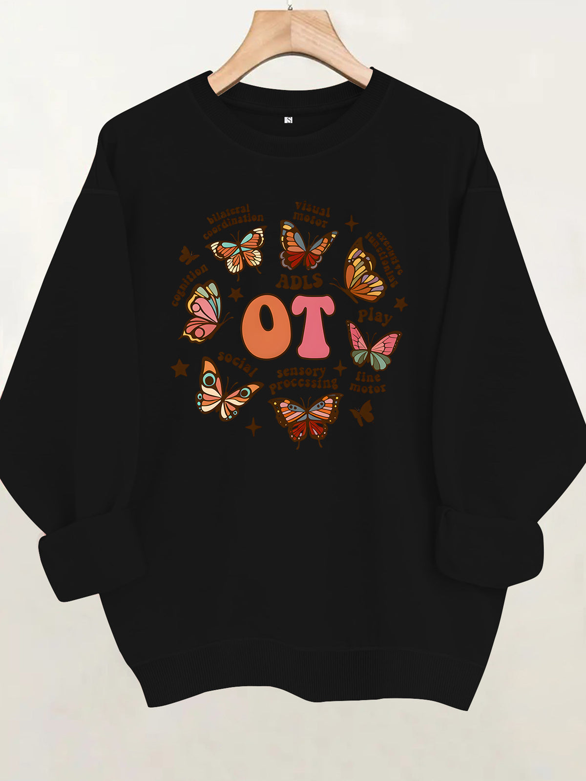 Sudadera de felpa con cuello redondo y estampado de mariposa