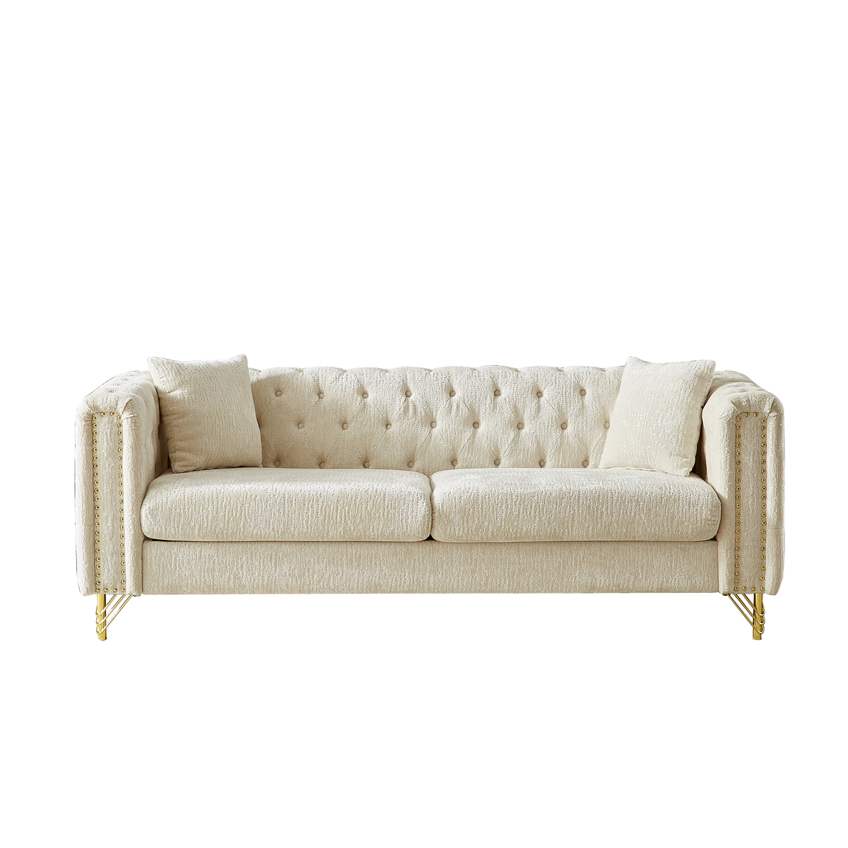 82-tums soffa i chenille med dragspännesdesign för vardagsrum, knapptuftad med kopparnagelsdekoration på armstödet, modern soffa