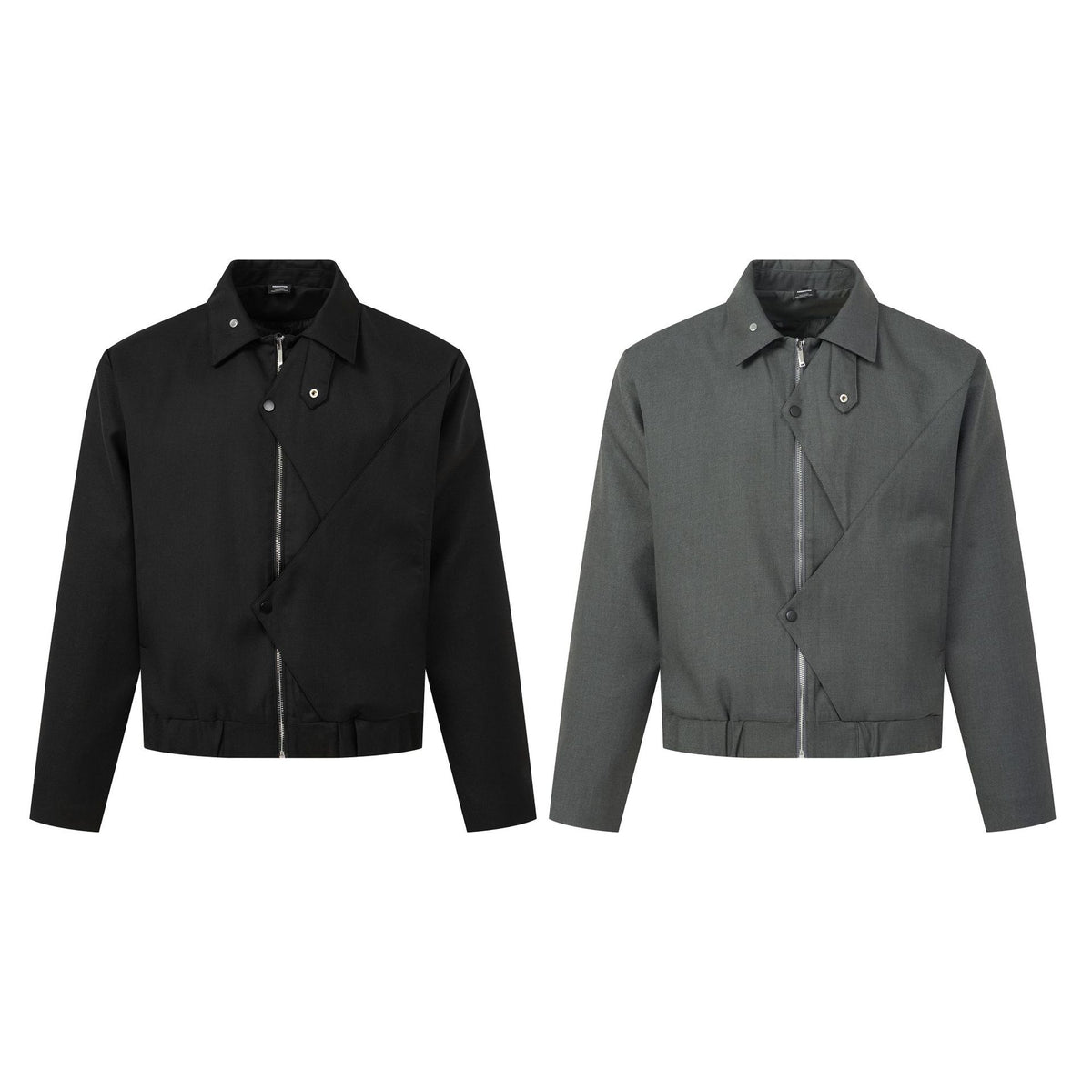 Chaqueta de trabajo deconstruida para hombre con tapeta diagonal asimétrica, cierre de cremallera y botones de metal