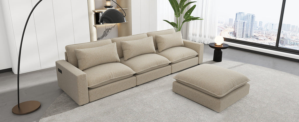 128" Sectional Sofa Cloud Sofa Chenille Upholstered Sofa  Couch With Movable Ottoman, Comfortable Seat Cushions, Chargin