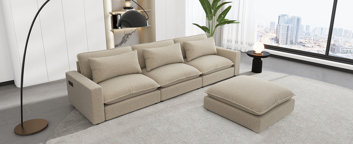 128" Sectional Sofa Cloud Sofa Chenille Upholstered Sofa  Couch With Movable Ottoman, Comfortable Seat Cushions, Chargin