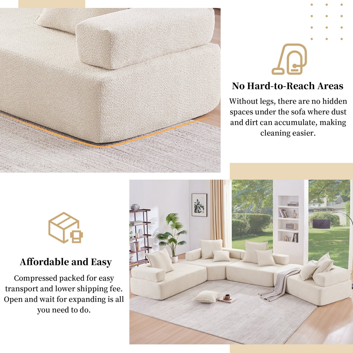 Estructura Lounge para sofá seccional modular en forma de U de gran tamaño, lujoso conjunto de sofá de suelo de bouclé, sofá cama convertible, espaci