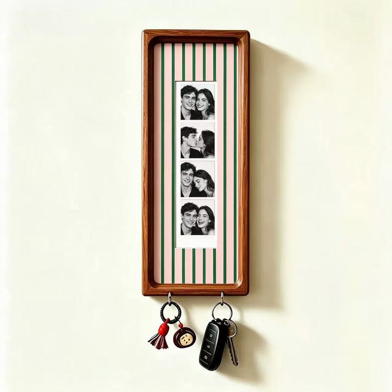 Cadre photo en bois pour couple avec porte-clés – Cadre photo mural, porte-clés à rayures vintage, cadeau d'anniversaire