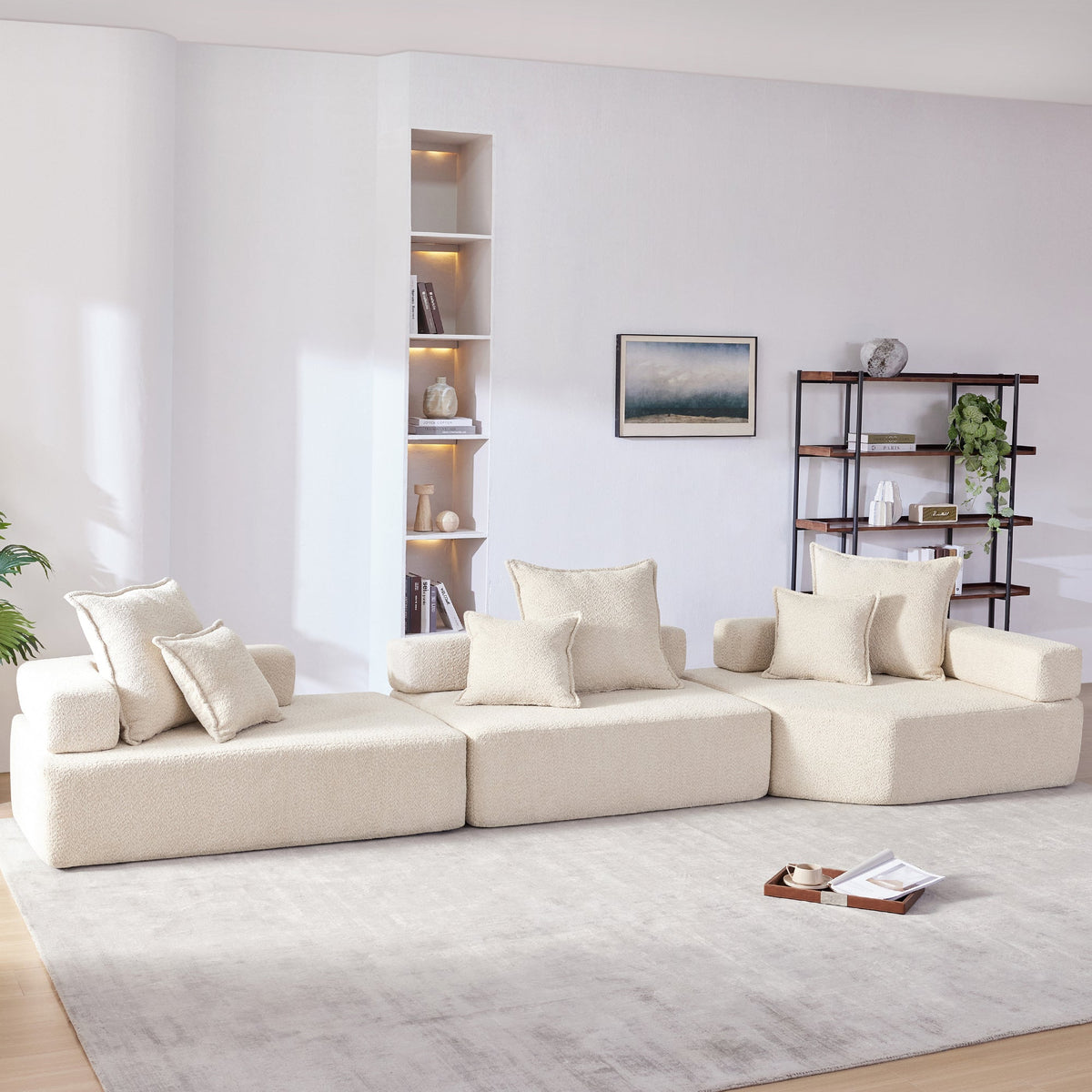 Sofá seccional modular de gran tamaño, lujoso conjunto de sofá de suelo de bouclé, sofá cama convertible, espacioso sofá cama relleno de espuma