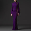 Purple Crepe High-Neck Long-Sleeve Beaded Mesh Cutout Mermaid Evening Gown