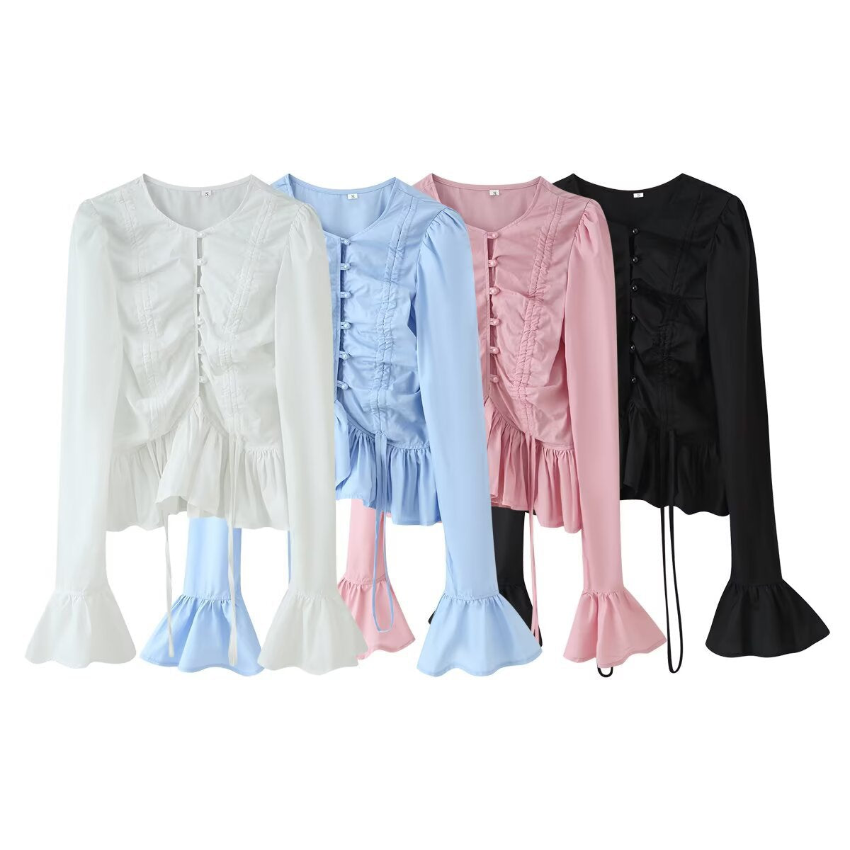 Lotus leaf edge splicing decoration drawstring flared sleeve shirt for women