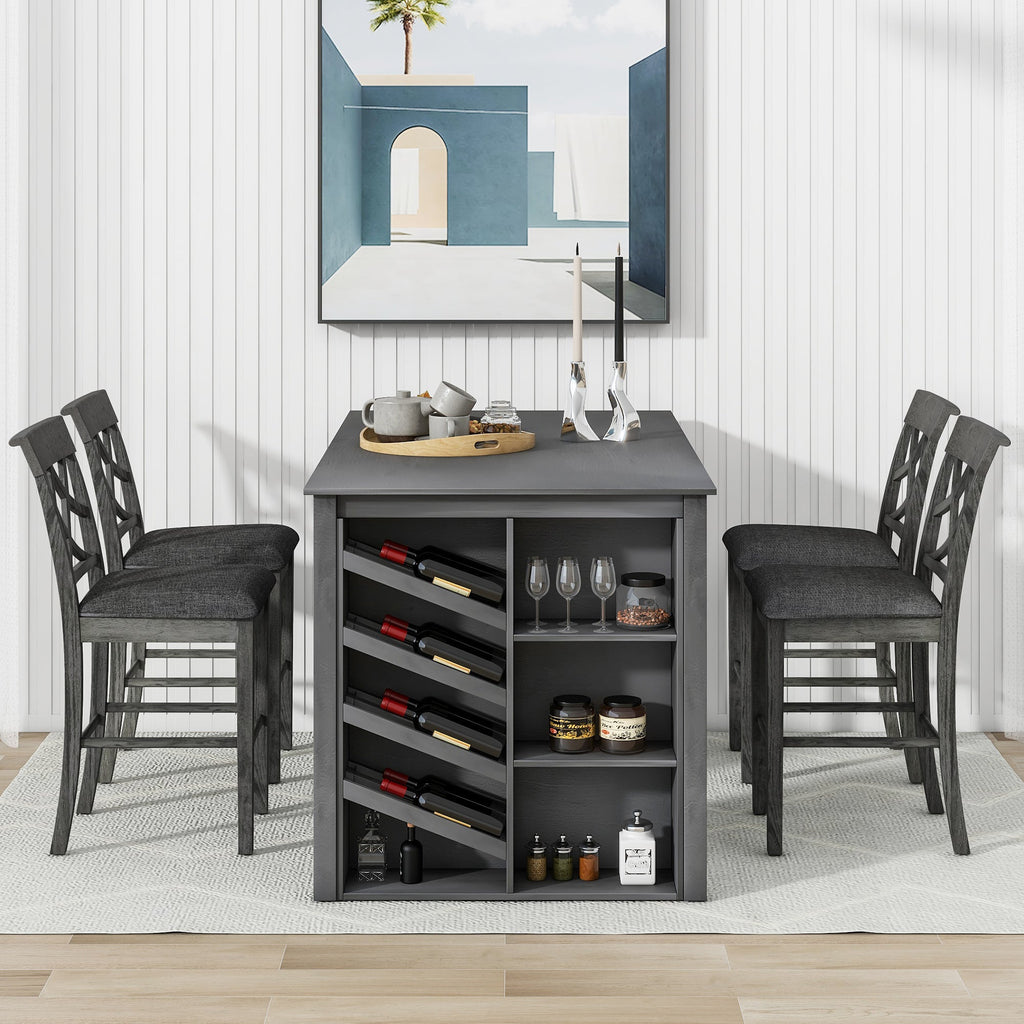 Updated Counter Height 5-Piece Solid Wood Dining Table Set, 59*35.4Inch Table With Curved Wine Rack and 4 Upholstered Ch