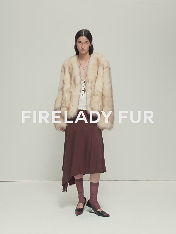 Firelady Fur Women‘s Fox Fur Coat With Hand-Sprayed Ombré Finish | Saga Furs, V-Neck Design"Gone With the Wind"