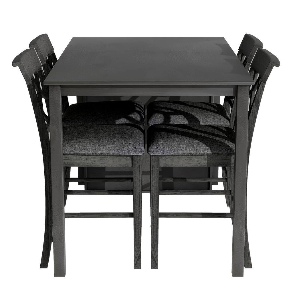 Updated Counter Height 5-Piece Solid Wood Dining Table Set, 59*35.4Inch Table With Curved Wine Rack and 4 Upholstered Ch