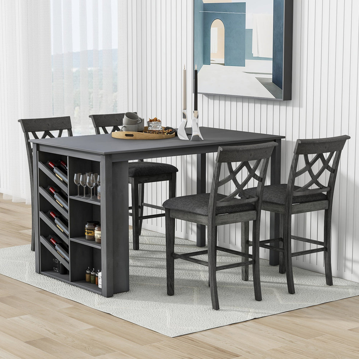 Updated Counter Height 5-Piece Solid Wood Dining Table Set, 59*35.4Inch Table With Curved Wine Rack and 4 Upholstered Ch