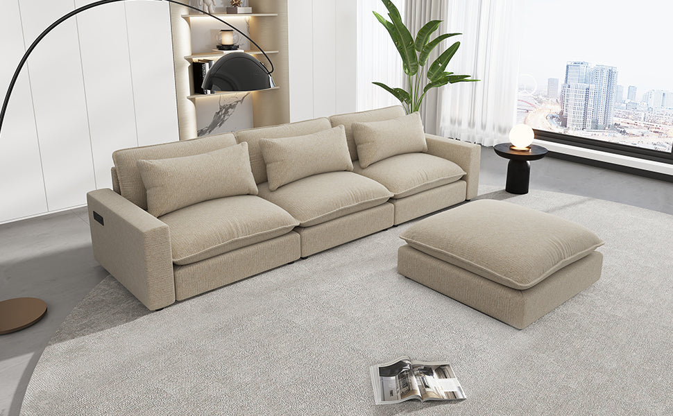 128" Sectional Sofa Cloud Sofa Chenille Upholstered Sofa  Couch With Movable Ottoman, Comfortable Seat Cushions, Chargin