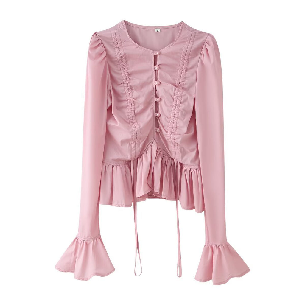 Lotus leaf edge splicing decoration drawstring flared sleeve shirt for women