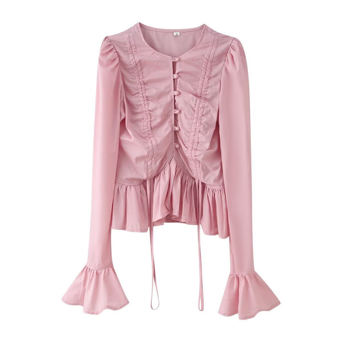 Lotus leaf edge splicing decoration drawstring flared sleeve shirt for women