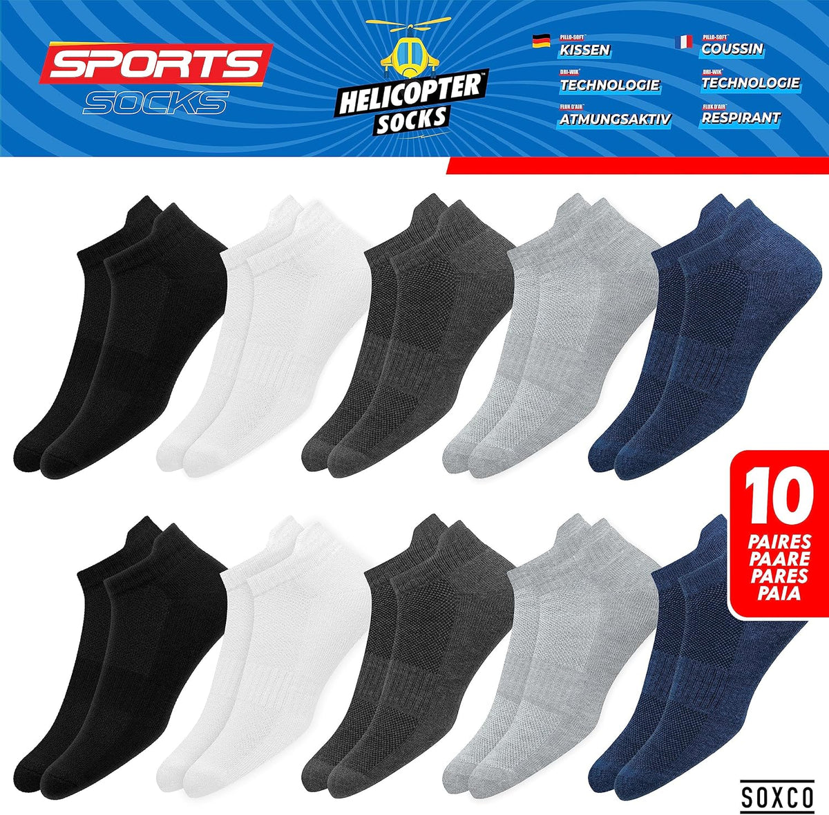 SOXCO Chaussettes Homme Femme Sport Socquettes Basses Courtes - Lot de 10 Paires