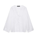 Single breasted deep V-neck linen long sleeved shirt for women