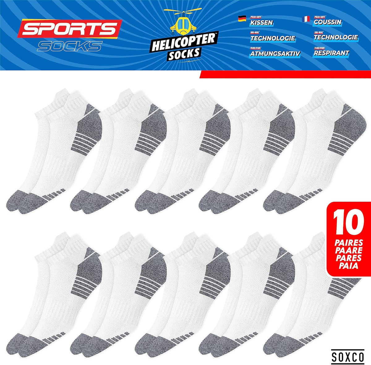 SOXCO Chaussettes Homme Femme Sport Socquettes Basses Courtes - Lot de 10 Paires