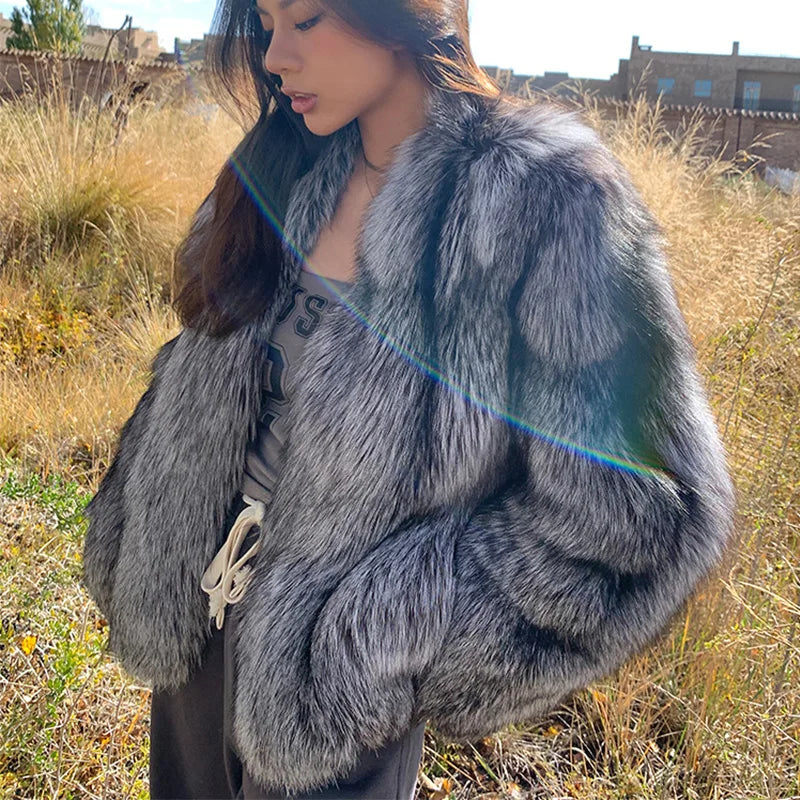Real  Natural Silver Fox Fur Coat Highend Quality Genuine  Women Winter Luxury Female Jacket Long Sleeve