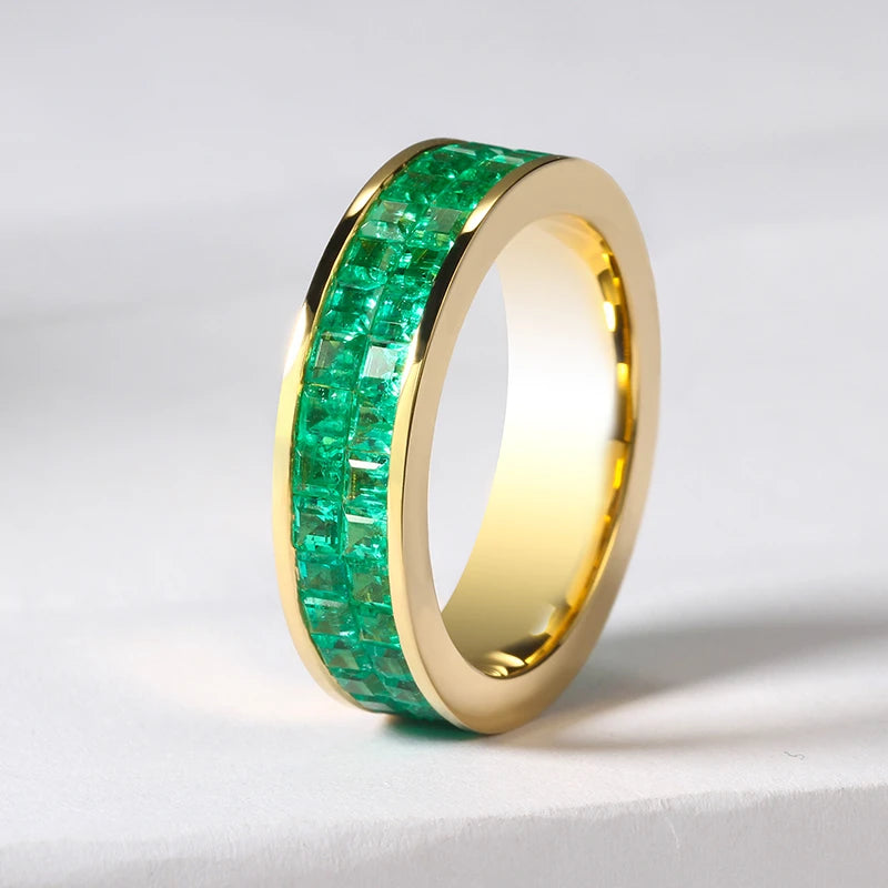 18K Real Gold Band Ring With Genuine Zambian Emerald Stone Classic Style Engagement Wedding Rings for Women Diamond Cut Jewelry